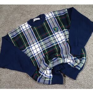 Vintage John Ashford Golf Plaid Sweater Navy Blue Crewneck Preppy Large 90s